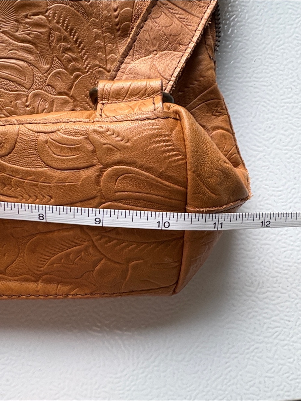 American Leather Tan Embossed Leather Backpack with Two Front Zip Pockets - Picture 7 of 15